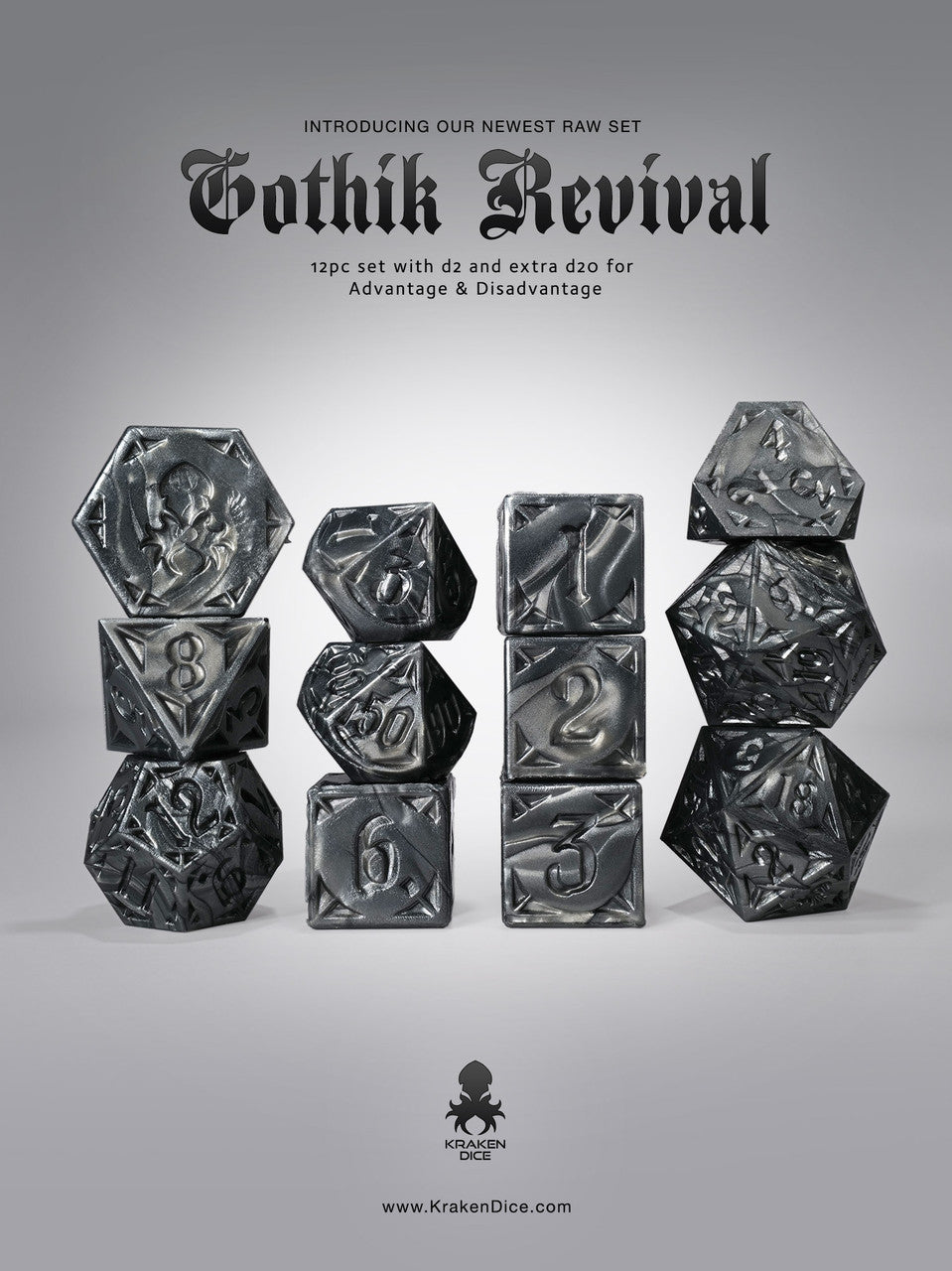 RAW Black Gothik Revival  RPG 12pc Dice Set